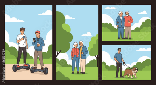 Diverse individuals enjoying outdoor activities in a park featuring green trees and a blue sky with white clouds