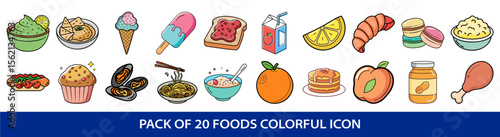 Collection of Colorful Cartoon Food Icons Featuring a Variety of Dishes