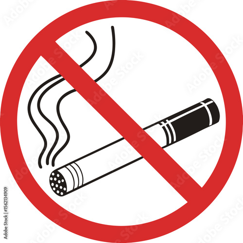 Prohibition symbol featuring a red circle with a diagonal line over a lit cigarette indicating no smoking allowed in public spaces or private establishments