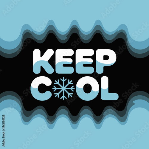 A Stylized Keep Cool Message with a Snowflake Icon Layered Blue Waves and a Black Background Promoting Relaxation and Refreshment During Warm Weather or Summer