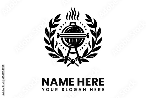 A black and white logo featuring a barbecue grill design within a laurel wreath.