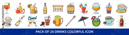 A Variety of Colorful Cartoon Style Drinks, Illustration Style Vector Pack