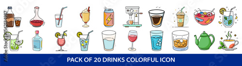 Colorful Cartoon Style Drinks Icons Collection With Various Beverages and Containers