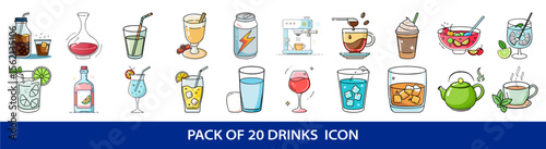 Collection of Twenty Unique and Colorful Drink Icons Depicting Various Beverages