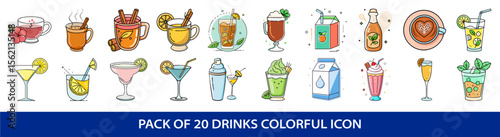 Illustration collection of colorful hand drawn beverages and drinks icons