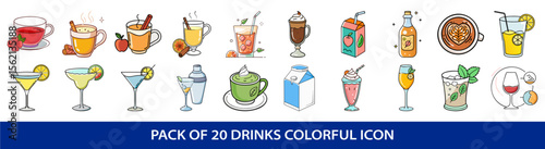 Collection of colorful cartoon vector illustrations of 20 different types of drinks
