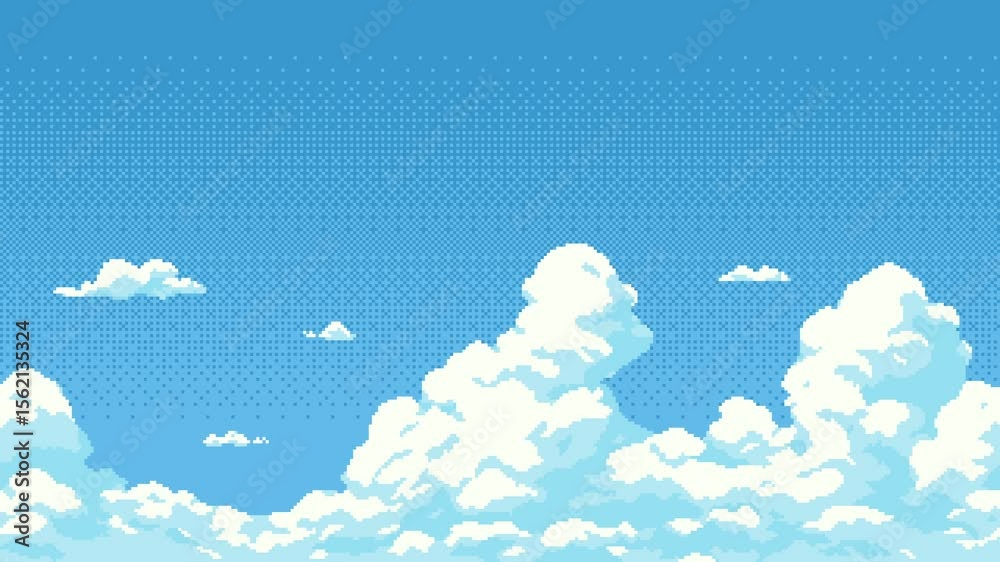 Animated pixel art sky with moving white clouds for vintage game level background.
