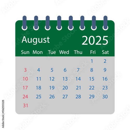 August 2025 calendar page with spiral binding and white background