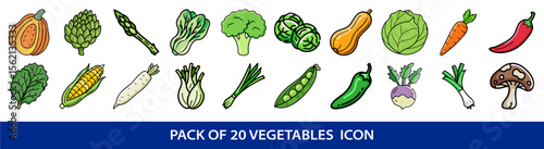 A Collection of Twenty Colorful and Cartoon Style Vegetables Icon Set