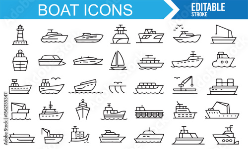 Modern collection of boat and ship icons with different maritime symbols.