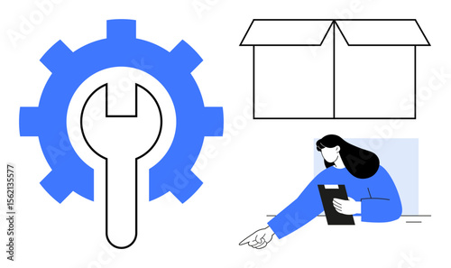 Gear and wrench represent tools, open box symbolizes packaging, woman with clipboard conveys teamwork. Ideal for teamwork, logistics, productivity, planning, service, industry simple landing page