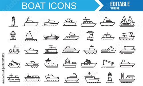 Boat icons with various types of vessels including luxury yachts and cargo ships.