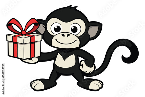 Cartoon monkey with a tan face presents a gift adorned with a red ribbon