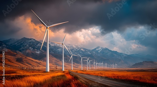 Wind turbines generate electricity landscape mountains background stormy sky