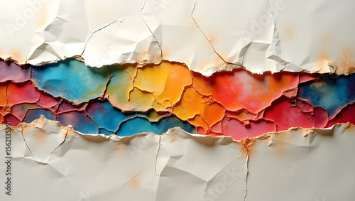Torn paper texture revealing colorful layers underneath.