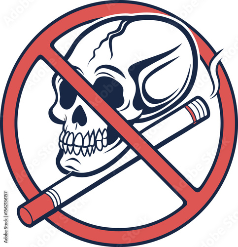 Graphic symbol depicting a skull positioned above a cigarette enclosed within a prohibition or no smoking sign representing danger health warnings or addiction