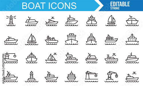 A range of minimalist icons featuring boats, ships, and maritime elements.