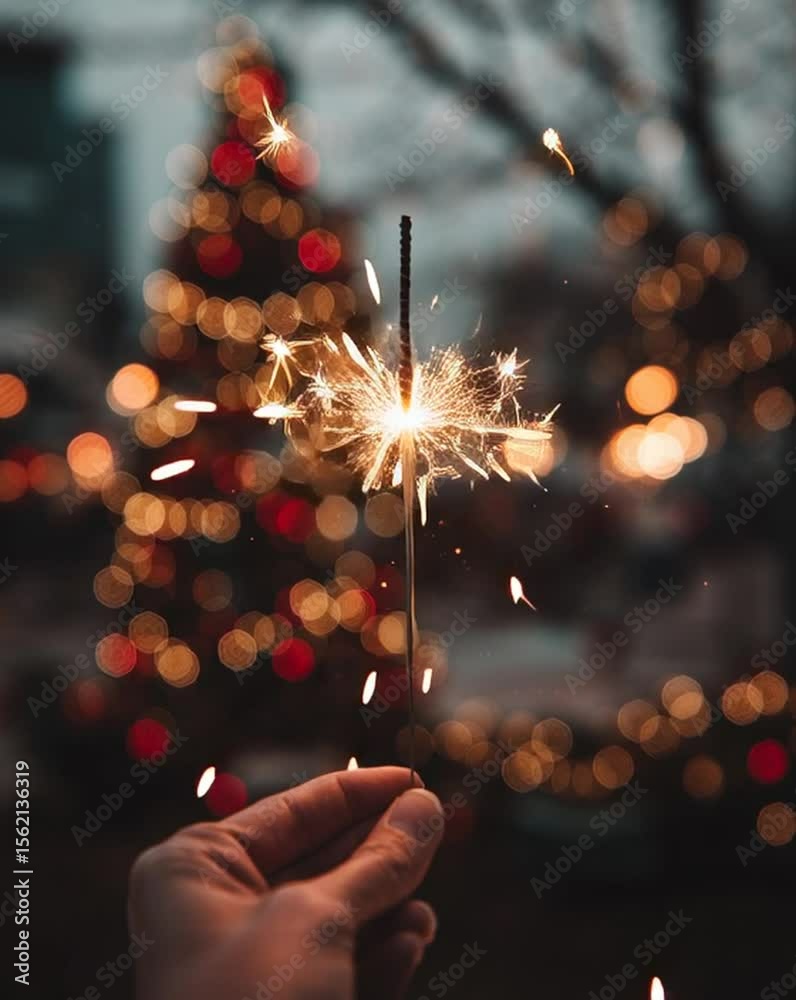Wunderkerze vor festlicher Weihnachtsbaum-Beleuchtung