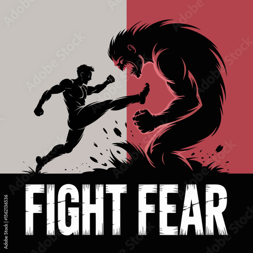 A stylized illustration depicting a man kicking a monstrous figure symbolizing the fight against fear set against a split background of gray and red with