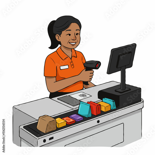 A friendly female cashier smiling while scanning groceries at a supermarket checkout counter.