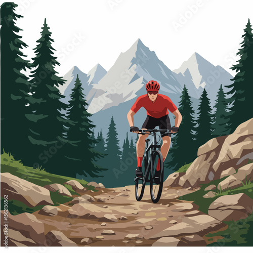 An energetic male mountain biker riding his bike on a trail in a scenic forest and mountain landscape.