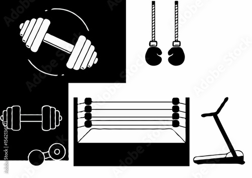 A set of black and white silhouette icons depicting gym and boxing equipment with spaces for text.