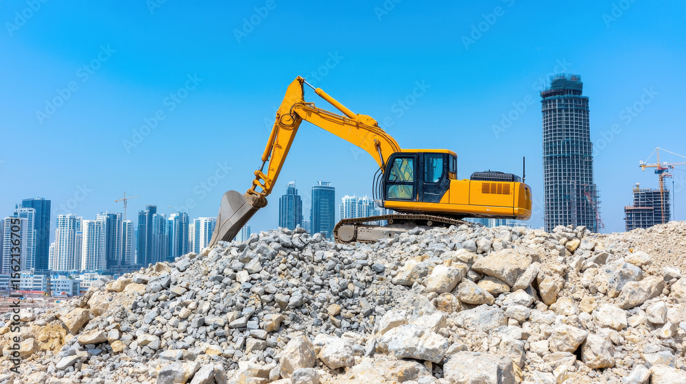 Obraz premium Excavator machinery on construction site, digging through rocks with city skyline in background, showcasing urban development