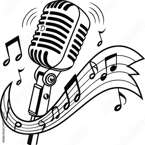 A stylized microphone illustration with flowing musical notes perfect for music events audio branding and creative projects
