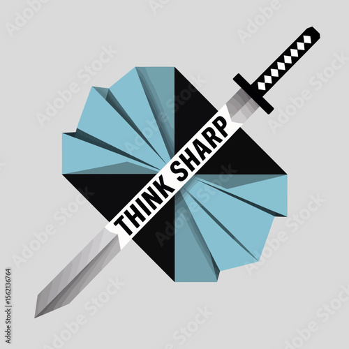 Think Sharp Conceptual Illustration katana sword pierces folded paper design with banner across the blade The image conveys message sharp intellect and strategic thinking think