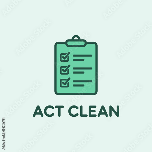 Act Clean Checklist Logo Design minimalist logo featuring checklist clipboard with the text Clean suggesting clean and organized approach checklist clipboard logo design clean organized