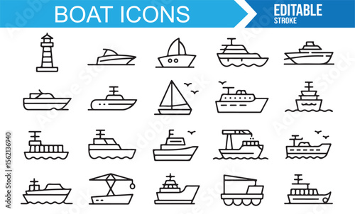 Simple line art boat icons set with vessels and lighthouses for maritime themes.