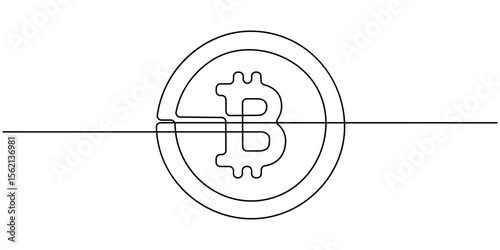 Single continuous line art bitcoin cryptocurrency, Continuous line drawing of bitcoin cryptocurrency silhouette. Blockchain, finance and banking technology concept drawn by one line, Bitcoin coin