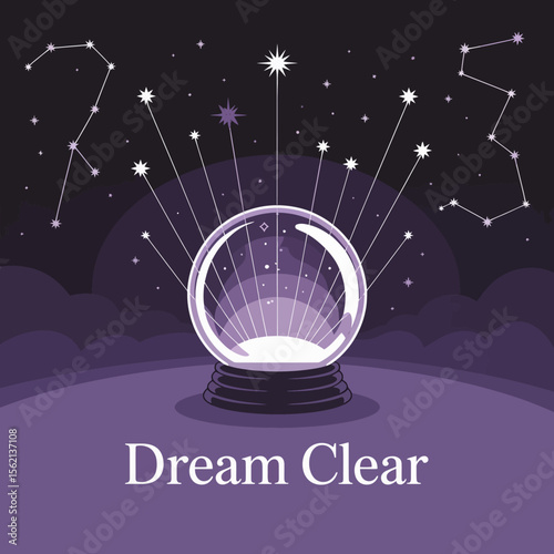 Crystal Ball Under Night Sky Dream Clear Vision crystal ball sits dark purple landscape illuminated starlight and constellations conveying sense clarity and dream interpretation crystal