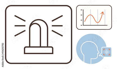 Alarm light with rays, a graph showing upward trends, and a person using speech recognition. Ideal for analytics, warning systems, emergency, communication, AI predictive data technology. Simple