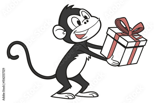 Cheerful monkey smiles widely holding a gift with a red ribbon on an isolated backdrop