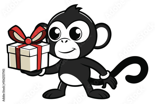 Cartoon monkey holds a wrapped present, wearing a white ring around its tail with joy
