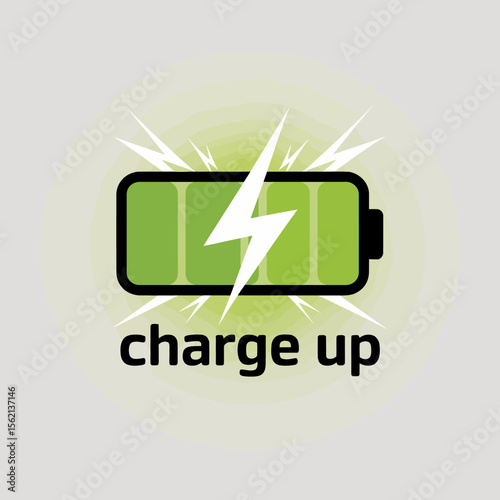 Fully Charged Battery Icon Graphic Design green battery icon shown fully charged with lightning bolt radiating energy The text Charge displayed below battery charging full