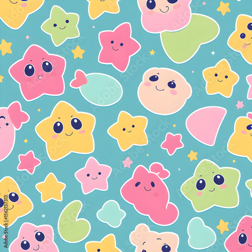 Seamless cute cartoon star pattern with smiling faces, pastel colors like yellow, pink, blue, and mint. Some stars wear hats or glasses. Minimal pale background with dotted accents.