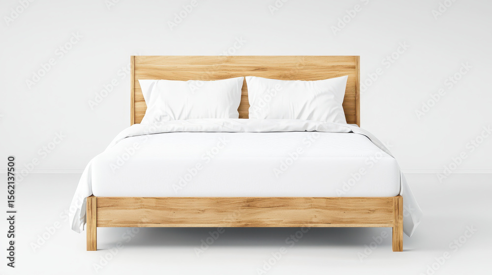 Obraz premium Modern wooden bed with simple design, featuring light wood frame and white bedding, creates cozy and inviting atmosphere
