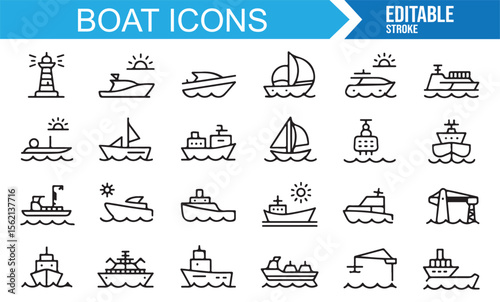 Collection of nautical icons including ships and boats with various types and styles.