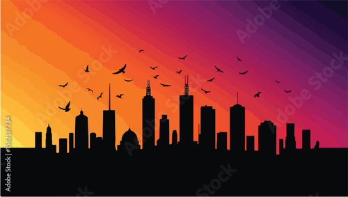 Silhouette of a city skyline with flying birds under a colorful sunset sky design