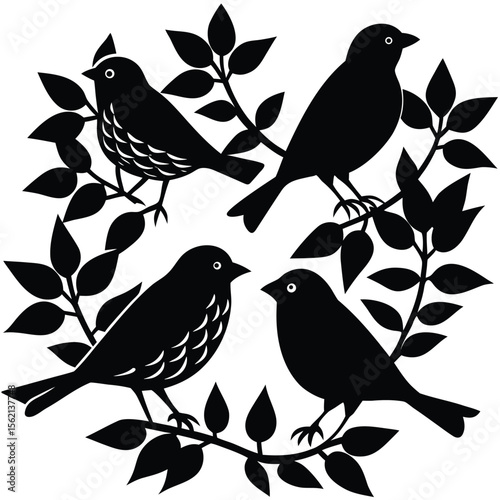 Four stylized black bird silhouettes perched on branches with leaves isolated on transparent background silhouetteAdobe Illustrator Artwork