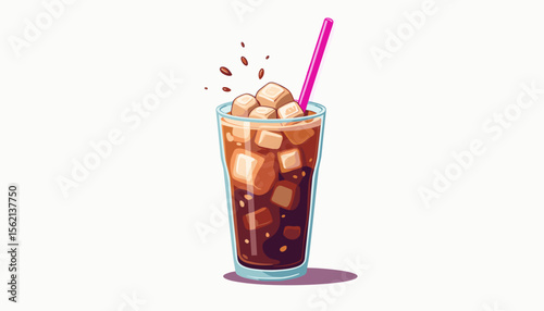 Iced coffee illustration with striking straw and ice cubes, summer refreshment