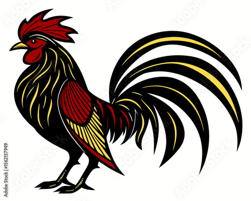 Stylized rooster with black red and yellow feathers standing profile