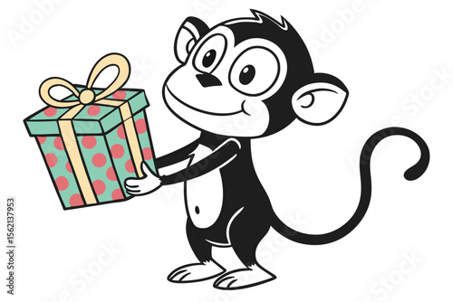 Cartoon monkey holds a polka dot gift box tied with a light yellow bow