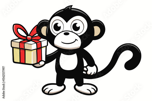 Cheerful monkey holds gift box with red ribbon as he happily smiles at viewer