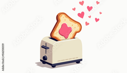 Cheerful toast jumping from toaster with pink jam, breakfast fun
