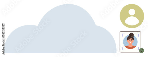 Cloud backdrop with a generic user icon and a framed individual photo featuring a verification checkmark. Ideal for account management, data privacy, security, biometrics, identity verification