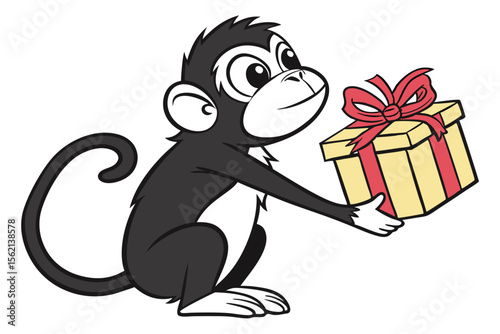 Cartoon monkey sits and presents a yellow gift box tied with a red bow