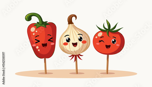 Flirty veggie faces with smiles and skewers, playful concept